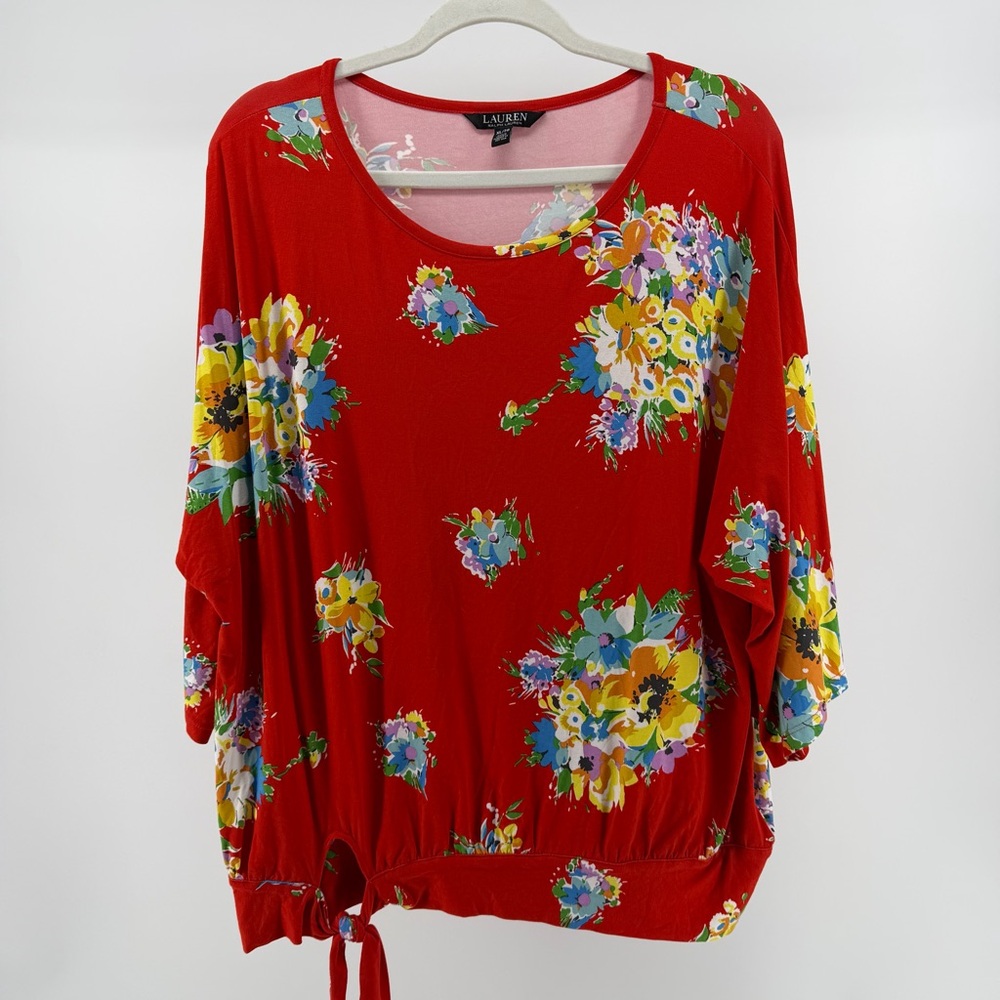 LRL Lauren Ralph Lauren Red Floral Tie Stretch Knit Dolman Top, Women's XL